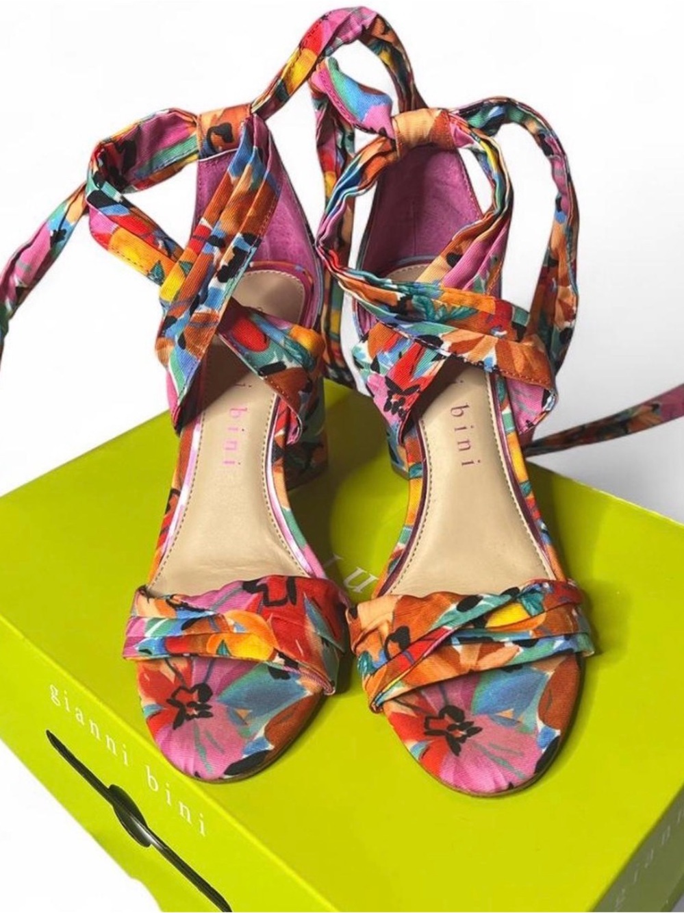 Gianni Bini Multicolor Floral Lace-Up Block Heel Sandals